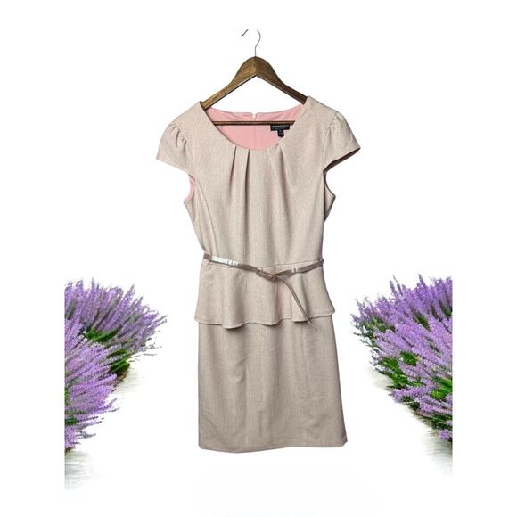 Connected Apparel Women’s Size 12 Beige Peplum Dress with Belt - Picture 1 of 5